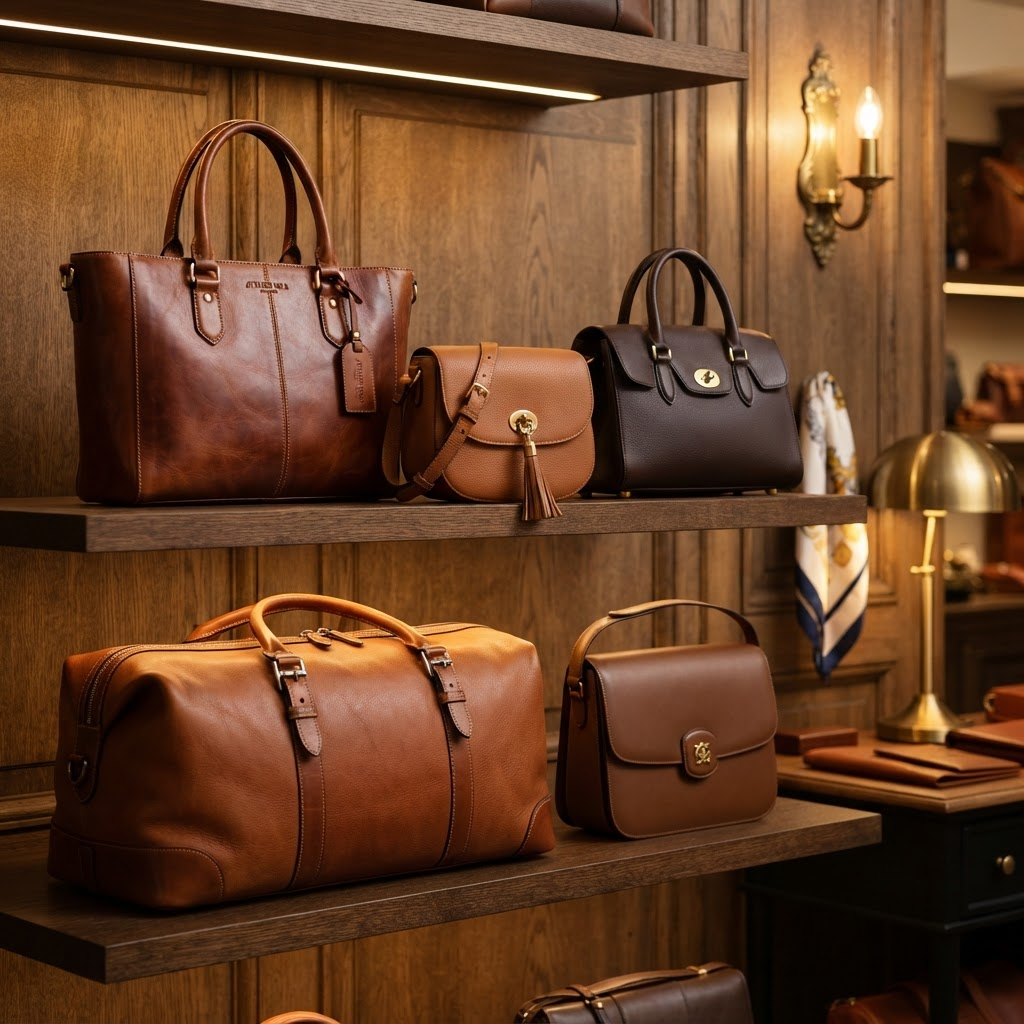 Butik rafta sergilenen hakiki deri el yapımı çantalar